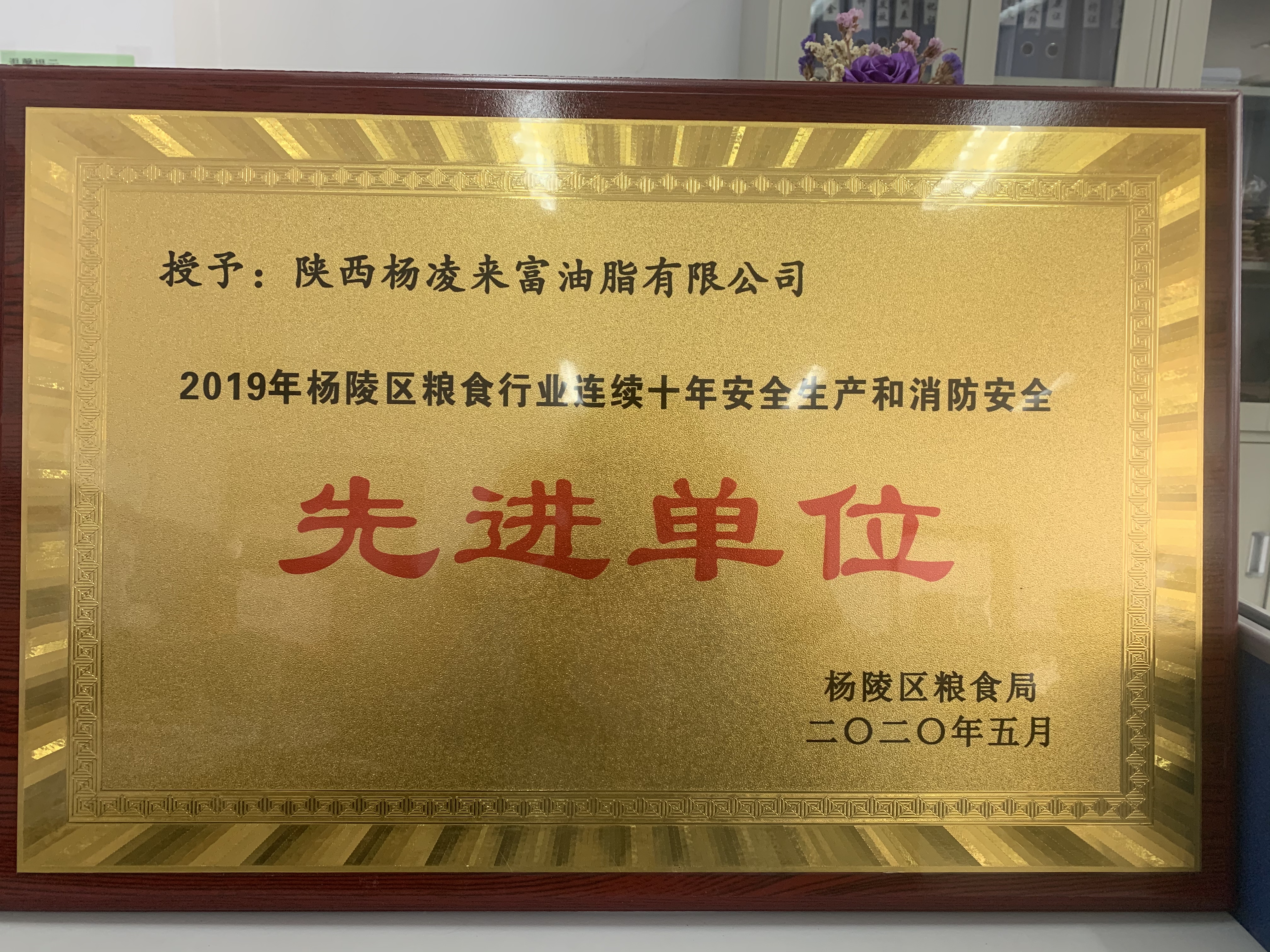 喜報！陜西糧農(nóng)油脂集團楊凌來富公司榮獲楊陵區(qū)糧食行業(yè)連續(xù)十年安全生產(chǎn)和消防安全先進單位